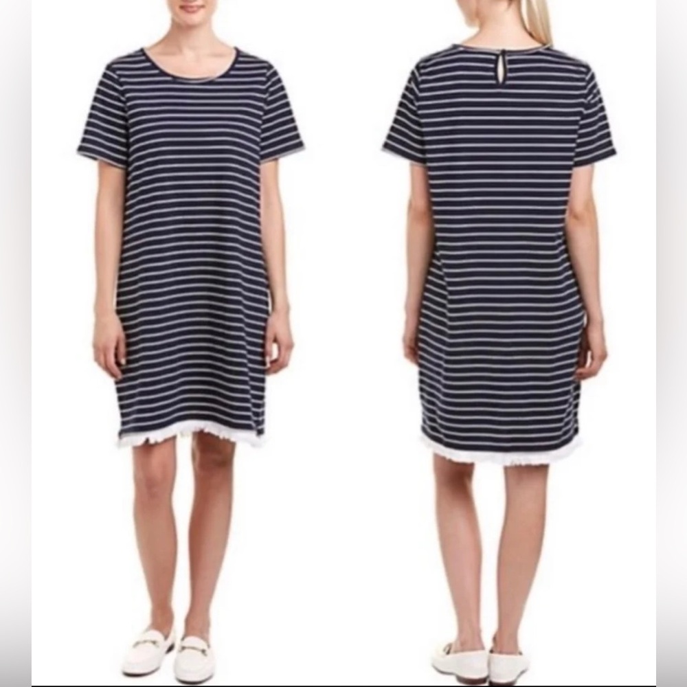 Beachlunchlounge Short Sleeve Navy with White Stripe Dress with Fringe Trim XS